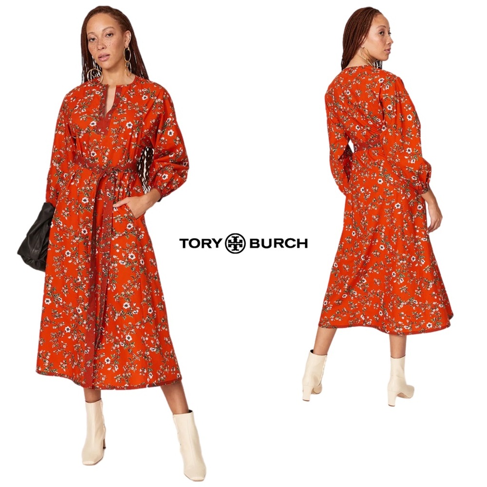 NEW Tory Burch Printed Tie Sleeve Rust Lyonnaise Floral Tunic Dress